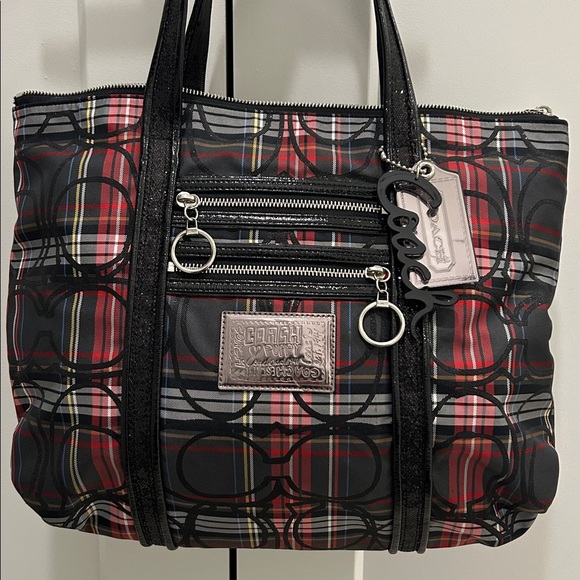 Coach Handbags - Coach (EUC) Poppy Black and Red Plaid Tote with Black Sequin Trimming & Handles